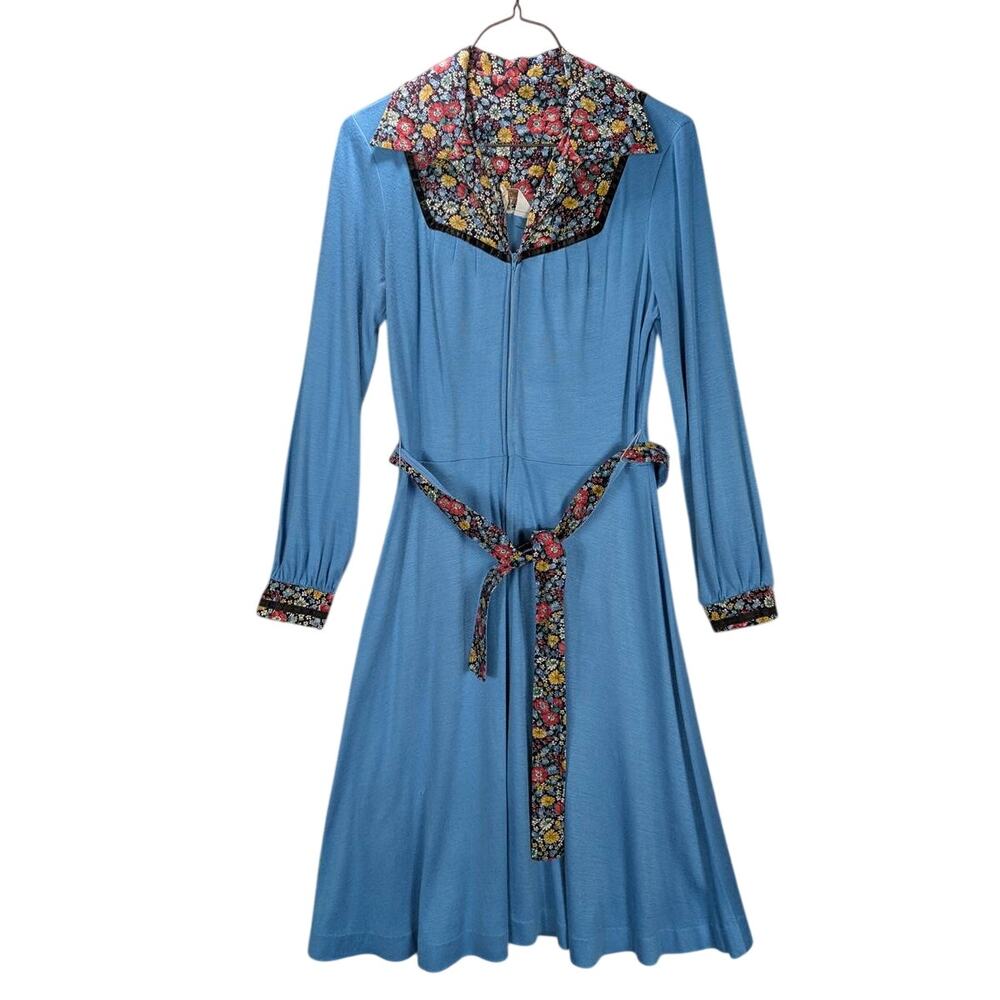 Vtg Montgomery Ward Dress Womens 14 Blue Long Sleeve Floral Trim Knee Length